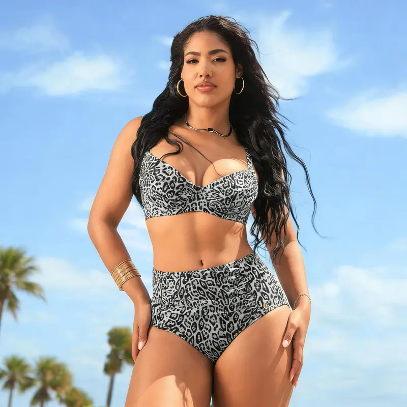 Leopard Swimwear Set High Waisted Bikini Shapewear Swimsuit Push Up Adjustable Beach Cover Up
