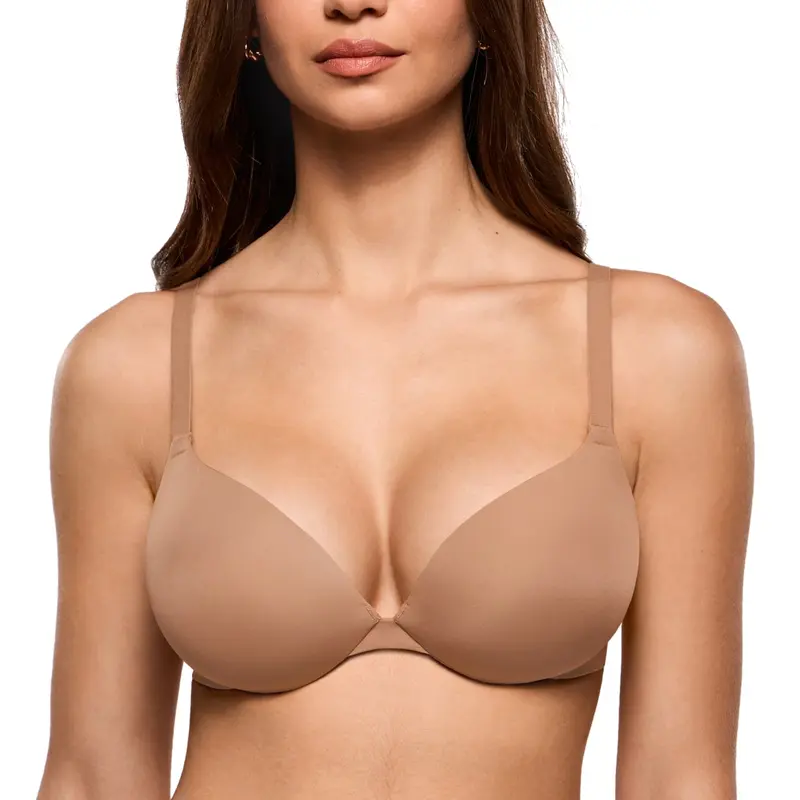 Sujetador Push Up con Relleno para Mujer, con Aros, Aumenta 1 Talla, Sin Costuras, Tipo Camiseta, Realza, Escote Pronunciado, Copas de Espuma, Elástico, Liso