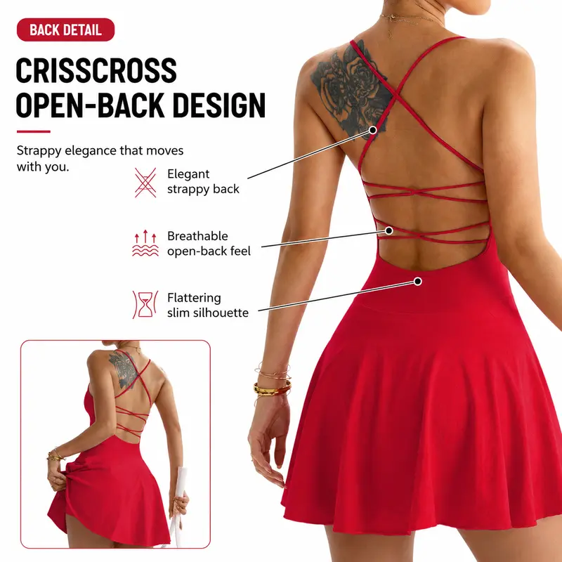 Vestido de tenis con espalda cruzada para mujer con pantalones cortos y bolsillos incorporados, vestido activo de entrenamiento sin mangas y transpirable para golf, yoga, uso diario