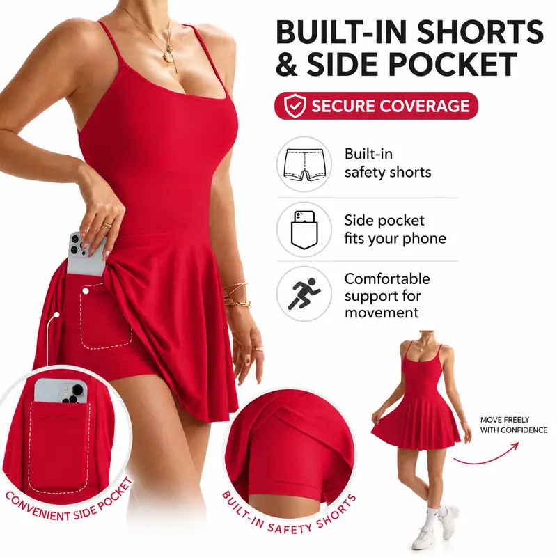 Vestido de tenis con espalda cruzada para mujer con pantalones cortos y bolsillos incorporados, vestido activo de entrenamiento sin mangas y transpirable para golf, yoga, uso diario