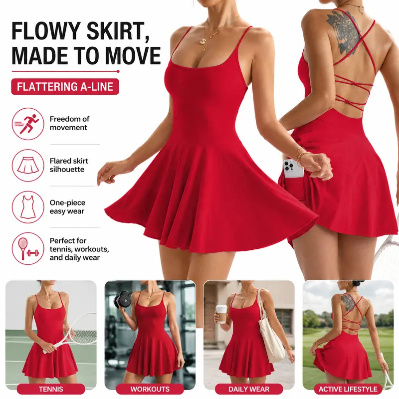 Vestido de tenis con espalda cruzada para mujer con pantalones cortos y bolsillos incorporados, vestido activo de entrenamiento sin mangas y transpirable para golf, yoga, uso diario