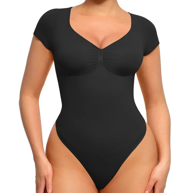 Women's Short Sleeve Bodysuit V Neck Seamless Body Suits Thong Going Out Tops Shapewear Womenswear Compression Elegant Fitted Hover Image