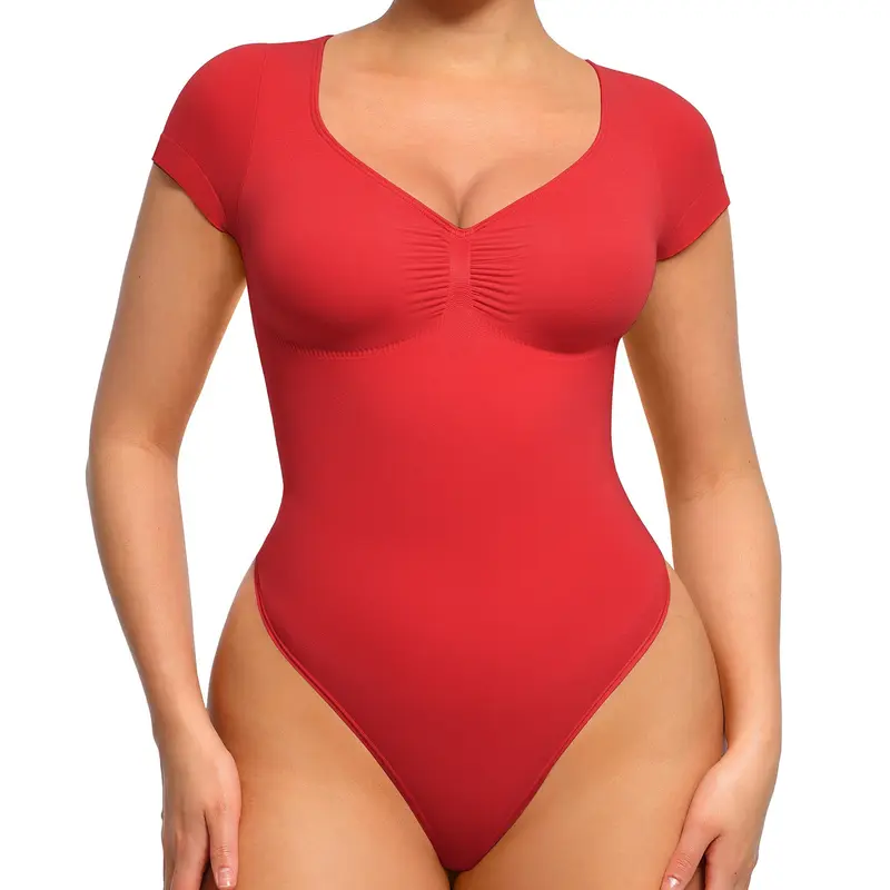 Women's Short Sleeve Bodysuit V Neck Seamless Body Suits Thong Going Out Tops Shapewear Womenswear Compression Elegant Fitted