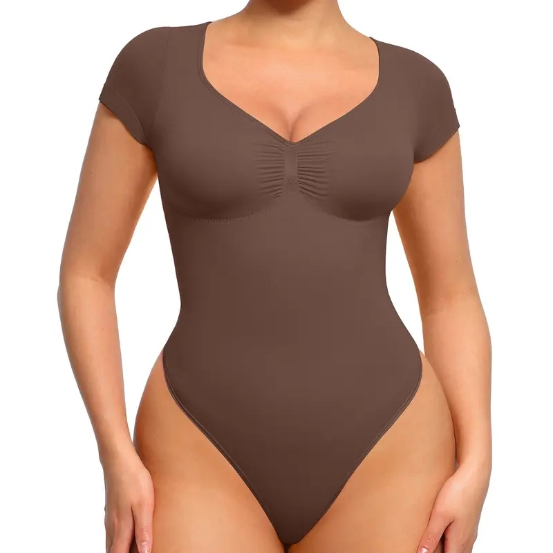 Women's Short Sleeve Bodysuit V Neck Seamless Body Suits Thong Going Out Tops Shapewear Womenswear Compression Elegant Fitted