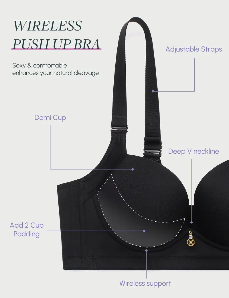 Wireless Add 2 Cups Padded Plunge Bras Back Smoothing Push Up Brasieres