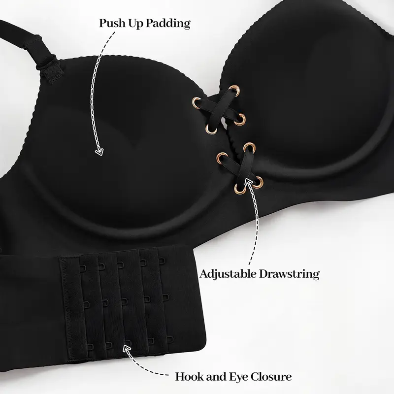 Women's Drawstring Push-up Bra | Wireless Lace-up Front Bra With Adjustable Lift And Enhanced Cleavage