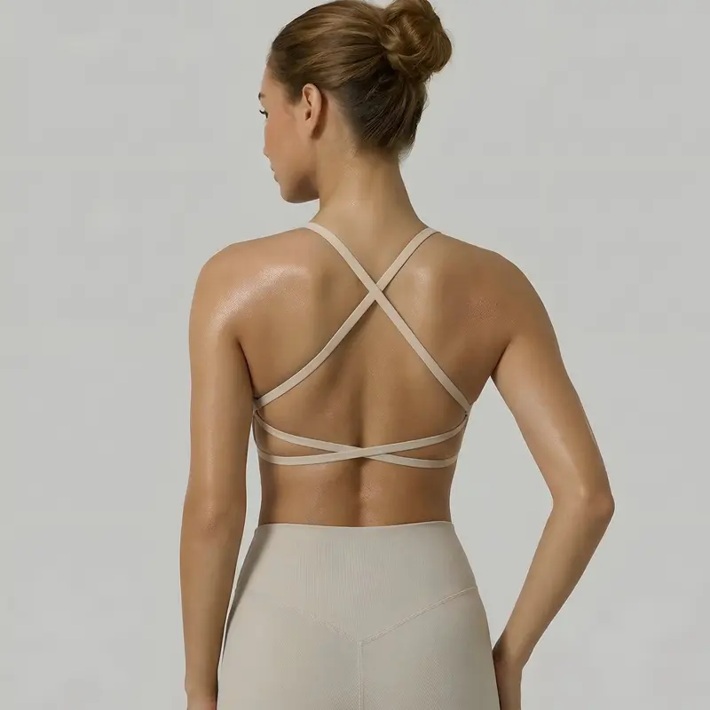 Open Back Strappy Yoga Workout Bras for Women - Low Support Criss-Cross Sports Gym Bra Removable Pads