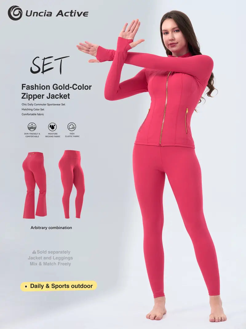 【Gold-Color zipper】Soft Brushed Women's Sporty Jacket, 25'' Inseam Leggings.